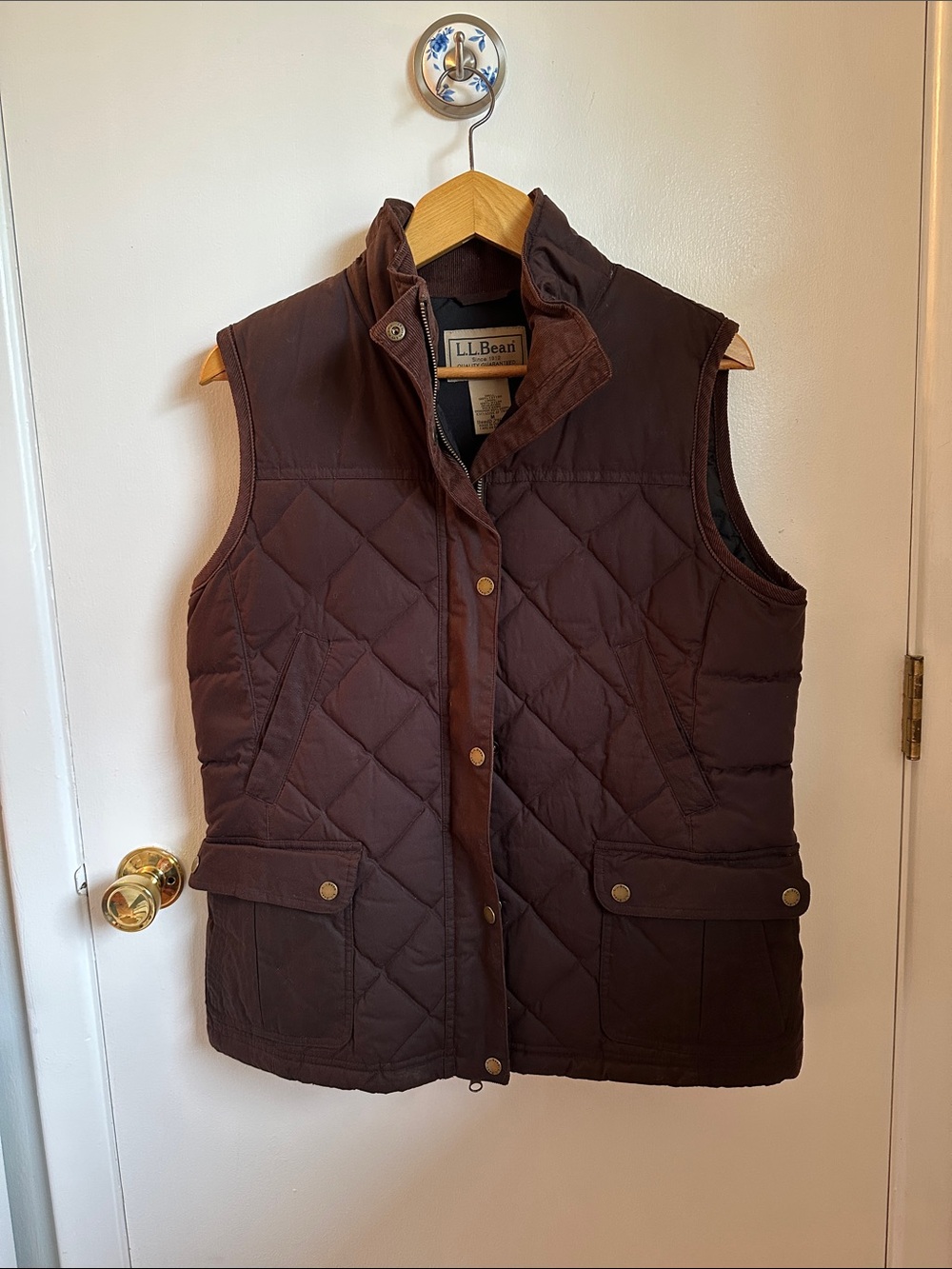 L.L. Bean Women's Upcountry Waxed Cotton Down Vest in Dark Brown